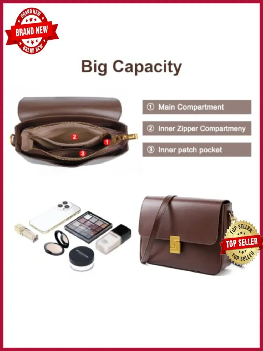 Genuine Leather Crossbody Shoulder Bag with Adjustable Strap, Gold Hardware,